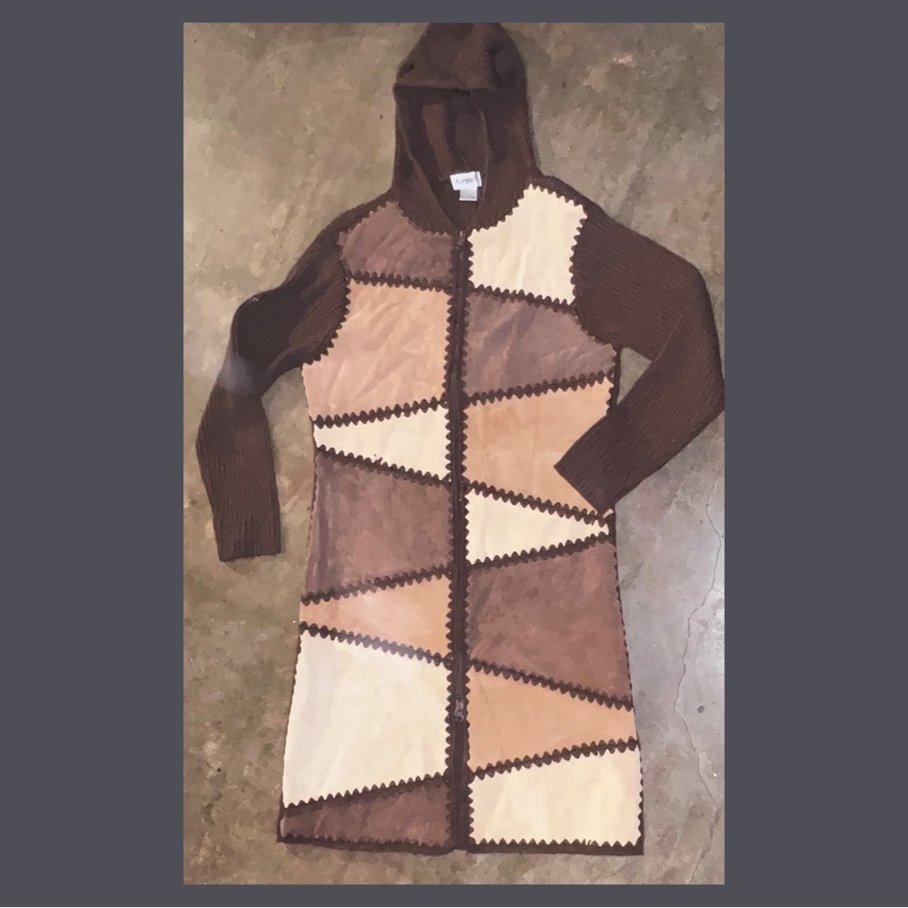 Patchwork suede leather hooded sweater coat by Airport, size M